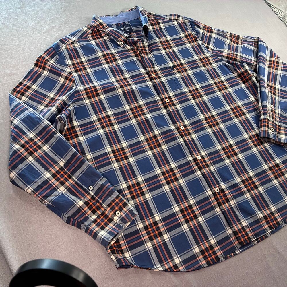 American Eagle Plaid Button Front Shirt Mens XXL Classic Fit Blue Orange